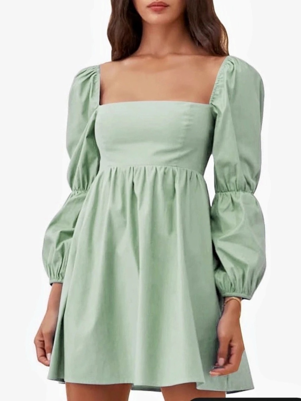 EXLURA Mini Dress Square Neck Puff Sleeve Green XS